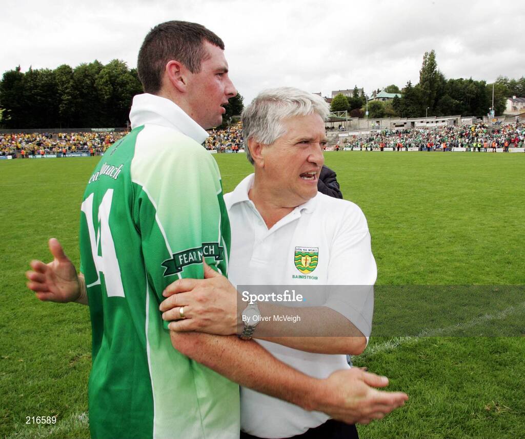30 July 2006; Brian McIver, Donegal manager, with Ciaran Bonner after the game. Bank of Ireland All-Ireland Senior Football Championship Qualifier, Round 4, Fermanagh v Donegal, Brewster Park, Enniskillen, Co. Fermanagh. Picture credit; Oliver McVeigh / SPORTSFILE