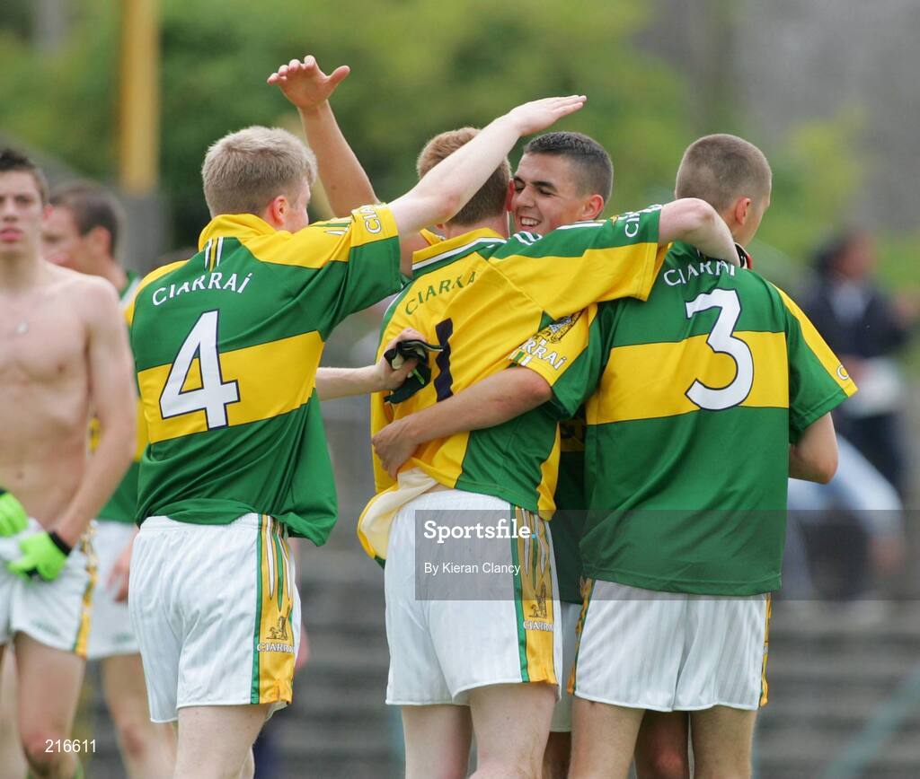 30 July 2006; Daithi O'Se, Tomas Mac An tSaoir, Michael Moloney and Bryan Costello, Kerry, celebrate victory over Mayo. ESB All-Ireland Minor Football Championship Quarter-Final, Kerry v Mayo, Cusack Park, Ennis, Co. Clare. Picture credit; Kieran Clancy / SPORTSFILE