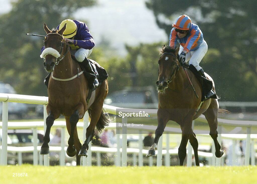 31 July 2006; Fleeting Shadow, left, with Pat Smullen up, on their way to winning the G.P.T. Access Equipment (C&G) EBF Maiden from Chivalrous with Seamus Heffernan. Galway Races, Ballybrit, Co. Galway. Picture credit; Matt Browne / SPORTSFILE