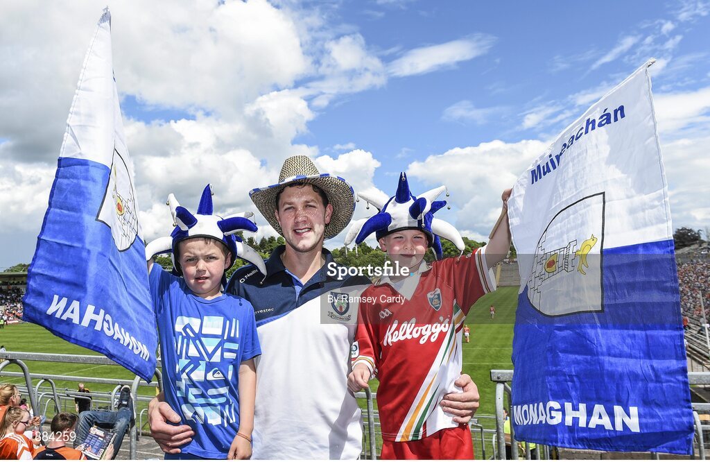 6 July 2014; Monaghan supporters, from left, Luke, Shane and Conor Mulligan, from Aghnamullen, Co. Monaghan. Ulster GAA Football Senior Championship, Semi-Final Replay, Armagh v Monaghan, St Tiernach's Park, Clones, Co. Monaghan. Picture credit: Ramsey Cardy / SPORTSFILE
