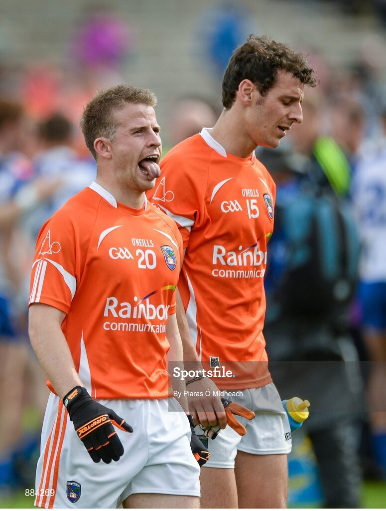 6 July 2014; Armagh's Michael Murray, left, and Jamie Clarke, react to defeat after the game. Ulster GAA Football Senior Championship, Semi-Final Replay, Armagh v Monaghan, St Tiernach's Park, Clones, Co. Monaghan. Picture credit: Piaras Ó Mídheach / SPORTSFILE