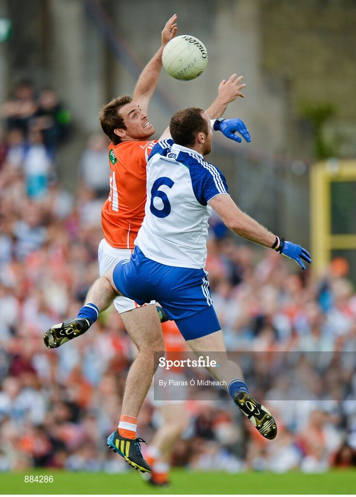 6 July 2014; Kevin Dyas, Armagh, in action against Vinny Corey, Monaghan. Ulster GAA Football Senior Championship, Semi-Final Replay, Armagh v Monaghan, St Tiernach's Park, Clones, Co. Monaghan. Picture credit: Piaras Ó Mídheach / SPORTSFILE