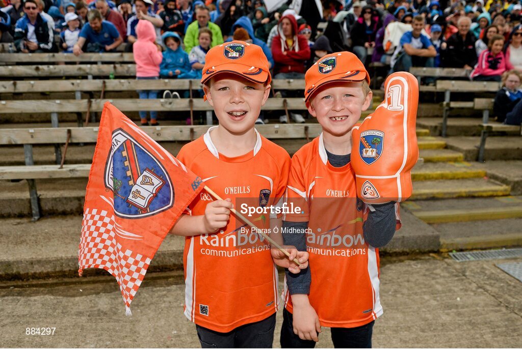 6 July 2014; Armagh supporters Colm Hughes, left, and John Joe McNamee, both aged 8, at the game. Ulster GAA Football Senior Championship, Semi-Final Replay, Armagh v Monaghan, St Tiernach's Park, Clones, Co. Monaghan. Picture credit: Piaras Ó Mídheach / SPORTSFILE