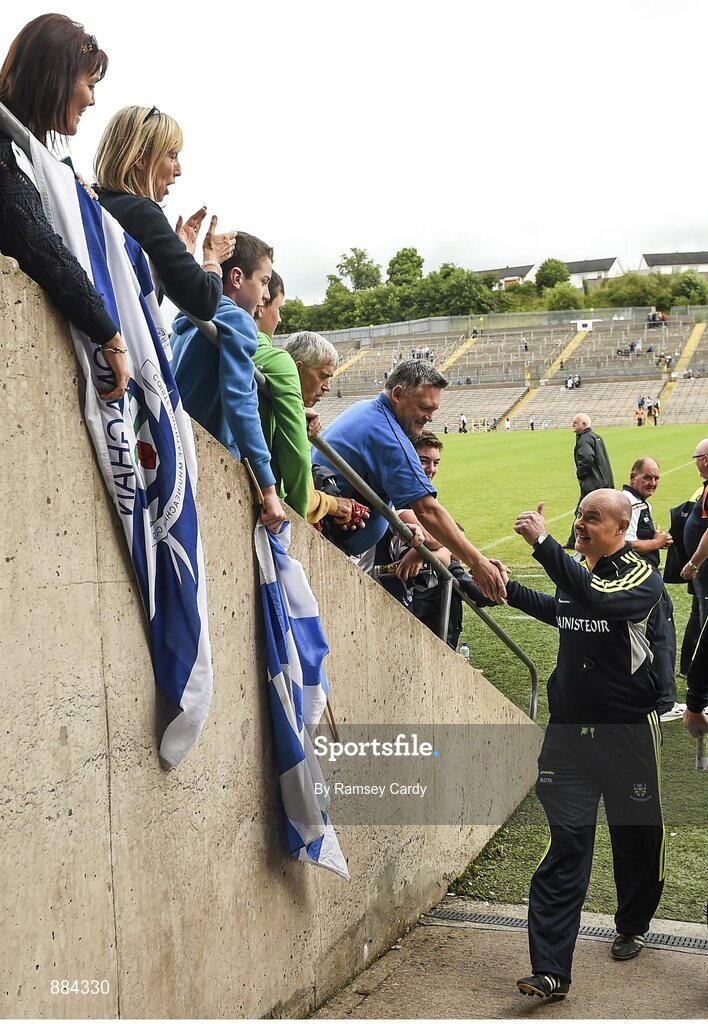 6 July 2014; Monaghan manager Malachy O'Rourke is congratulated by supporters at the end of the game. Ulster GAA Football Senior Championship, Semi-Final Replay, Armagh v Monaghan, St Tiernach's Park, Clones, Co. Monaghan. Picture credit: Ramsey Cardy / SPORTSFILE