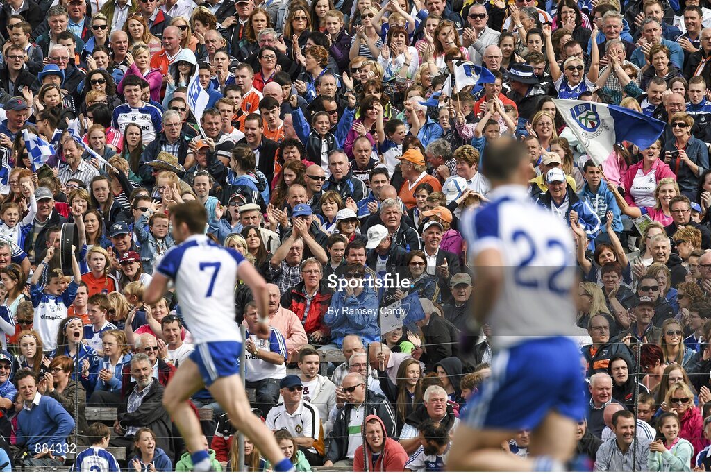 6 July 2014; Supporters watch on as Monaghan score a point late in the game. Ulster GAA Football Senior Championship, Semi-Final Replay, Armagh v Monaghan, St Tiernach's Park, Clones, Co. Monaghan. Picture credit: Ramsey Cardy / SPORTSFILE