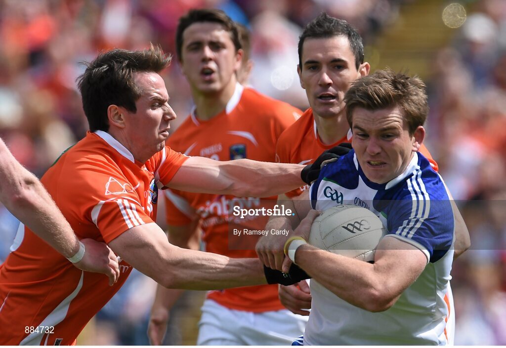 6 July 2014; Dessie Mone, Monaghan, in action against Tony Kernan, Armagh. Ulster GAA Football Senior Championship, Semi-Final Replay, Armagh v Monaghan, St Tiernach's Park, Clones, Co. Monaghan. Picture credit: Ramsey Cardy / SPORTSFILE