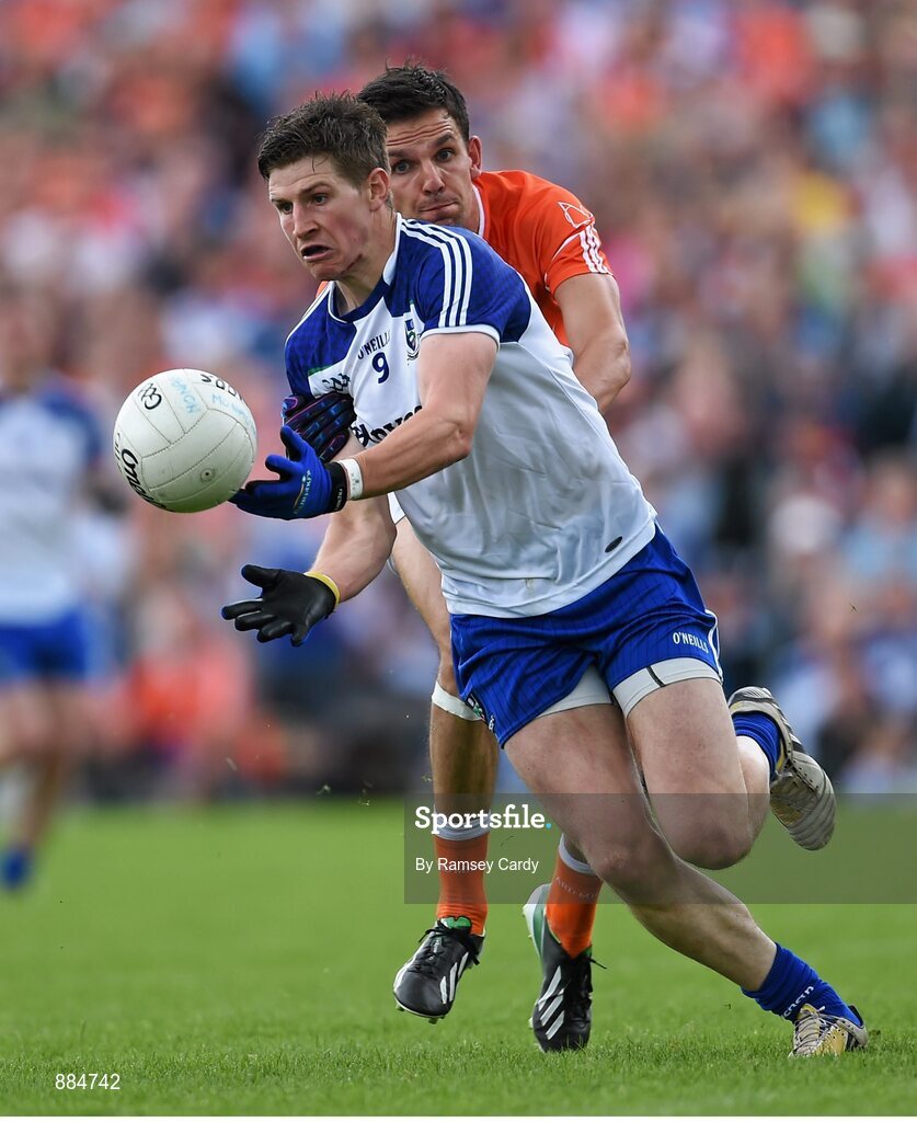 6 July 2014; Darren Hughes, Monaghan, in action against Stephen Harold, Armagh. Ulster GAA Football Senior Championship, Semi-Final Replay, Armagh v Monaghan, St Tiernach's Park, Clones, Co. Monaghan. Picture credit: Ramsey Cardy / SPORTSFILE