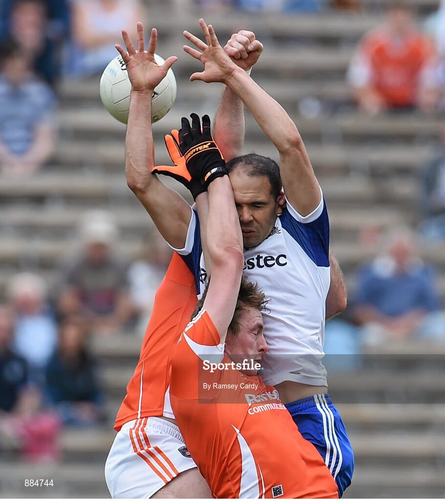 6 July 2014; Paul Finlay, Monaghan, in action against Ciaran McKeever, left, and Kieran Toner, Armagh. Ulster GAA Football Senior Championship, Semi-Final Replay, Armagh v Monaghan, St Tiernach's Park, Clones, Co. Monaghan. Picture credit: Ramsey Cardy / SPORTSFILE