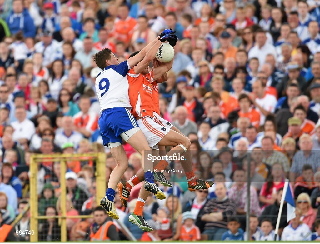 6 July 2014; Stephen Harold, left, and Stefan Campbell, Armagh, in action against Darren Hughes, Monaghan. Ulster GAA Football Senior Championship, Semi-Final Replay, Armagh v Monaghan, St Tiernach's Park, Clones, Co. Monaghan. Picture credit: Ramsey Cardy / SPORTSFILE