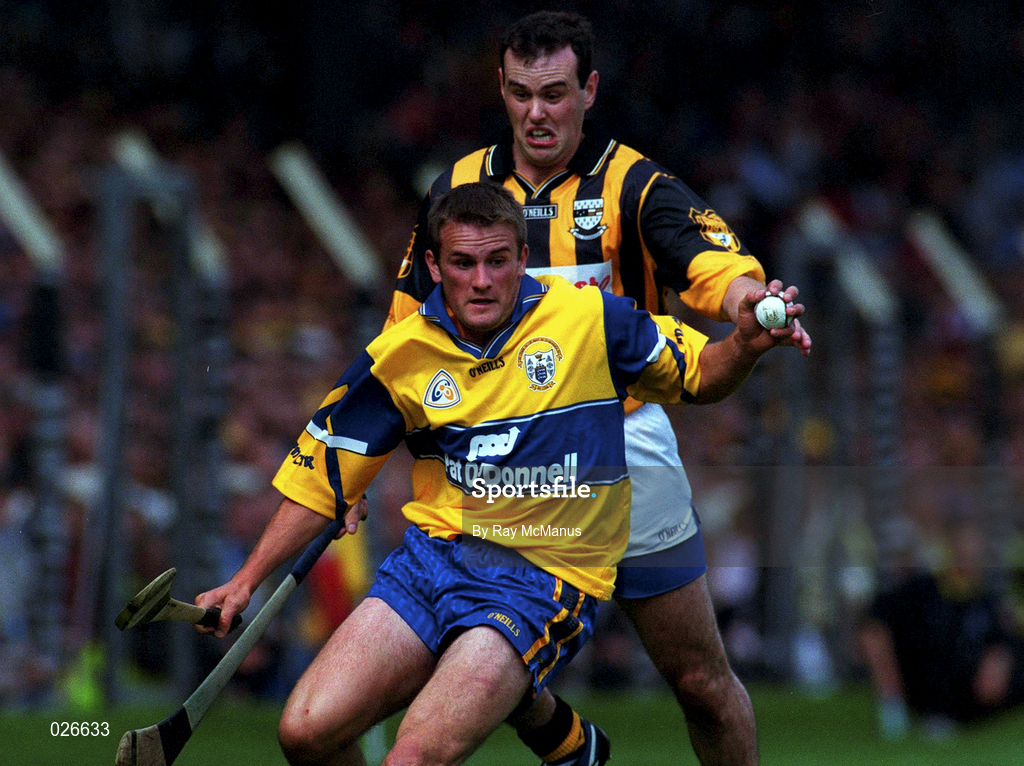 15 August 1999; Alan Markham of Clare in action against  Brian McEvoy of Kilkenny during the Guinness All-Ireland Senior Hurling Championship Semi-Final match between Kilkenny and Clare at Croke Park in Dublin. Photo by Ray McManus/Sportsfile