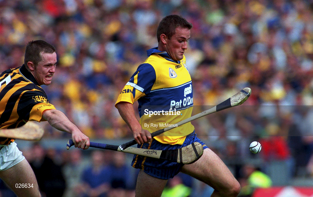 15 August 1999; Alan Markham of Clare in action against  Michael Kavanagh of Kilkenny during the Guinness All-Ireland Senior Hurling Championship Semi-Final match between Kilkenny and Clare at Croke Park in Dublin. Photo by Ray McManus/Sportsfile