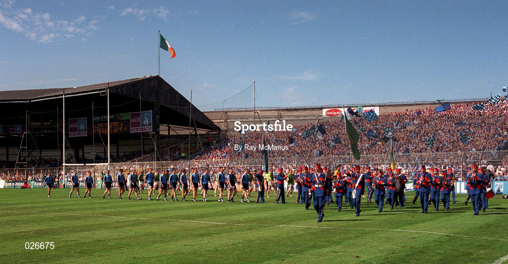 1 August 1999; The Artane Boys Band lead the Dublin and Meath teams during the parade ahead of the Bank of Ireland Leinster Senior Football Championship Final match between Dublin and Meath at Croke Park in Dublin. Photo by Ray McManus/Sportsfile