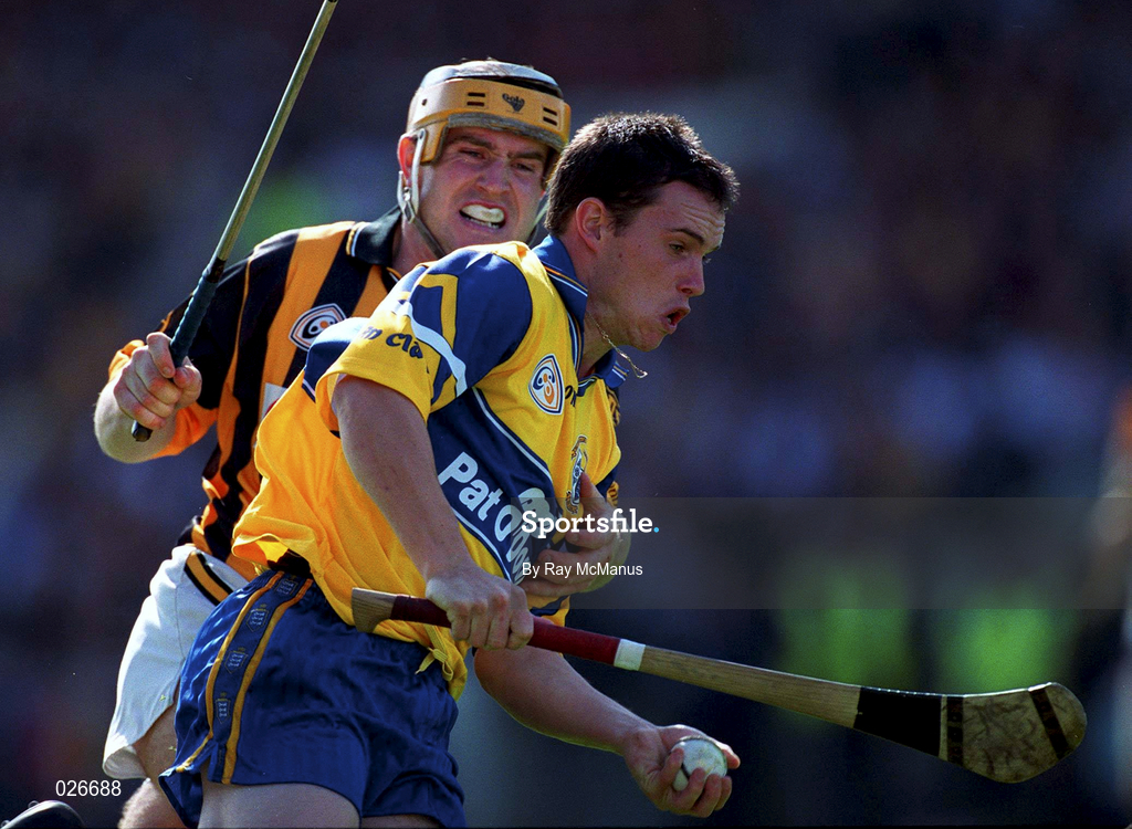 15 August 1999;  Barry Murphy of Clare in action against Canice Brennan of Kilkenny during the Guinness All-Ireland Senior Hurling Championship Semi-Final match between Kilkenny and Clare at Croke Park in Dublin. Photo by Ray McManus/Sportsfile