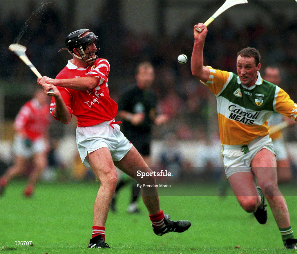 8 August 1999; Brian Corcoran of Cork in action against John Ryan of Offaly during the Guinness All-Ireland Hurling Senior Championship Semi-Final match between Cork and Offaly at Croke Park in Dublin. Photo by Brendan Moran/Sportsfile