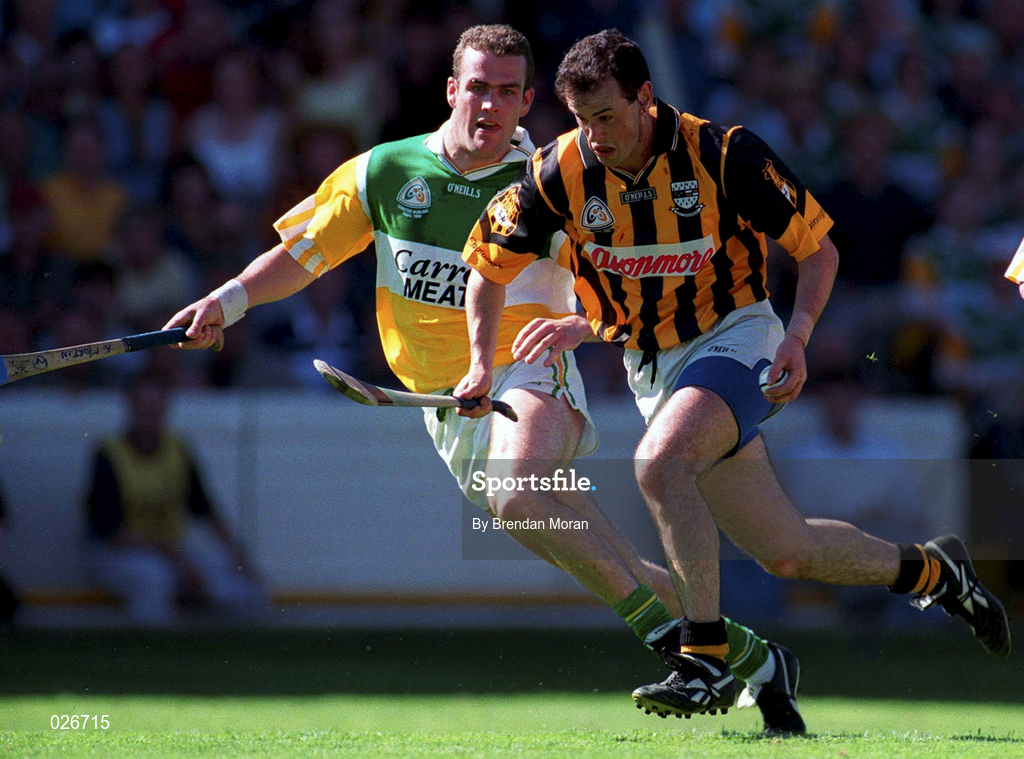 11 July 1999; Brian McEvoy of Kilkenny in action against Kevin Martin of Offaly during the Guinness Leinster Senior Hurling Championship Final match between Kilkenny and Offaly at Croke Park in Dublin. Photo by Brendan Moran/Sportsfile