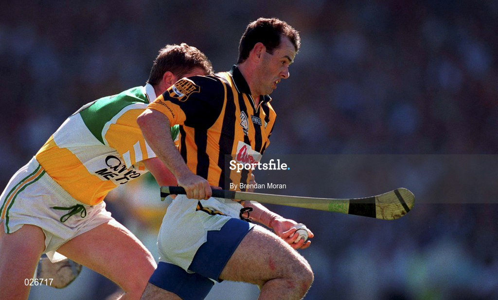 11 July 1999; Brian McEvoy of Kilkenny in action against Michael Duignan of Offaly during the Guinness Guinness Leinster Senior Hurling Championship Final match between Kilkenny and Offaly at Croke Park in Dublin. Photo by Brendan Moran/Sportsfile
