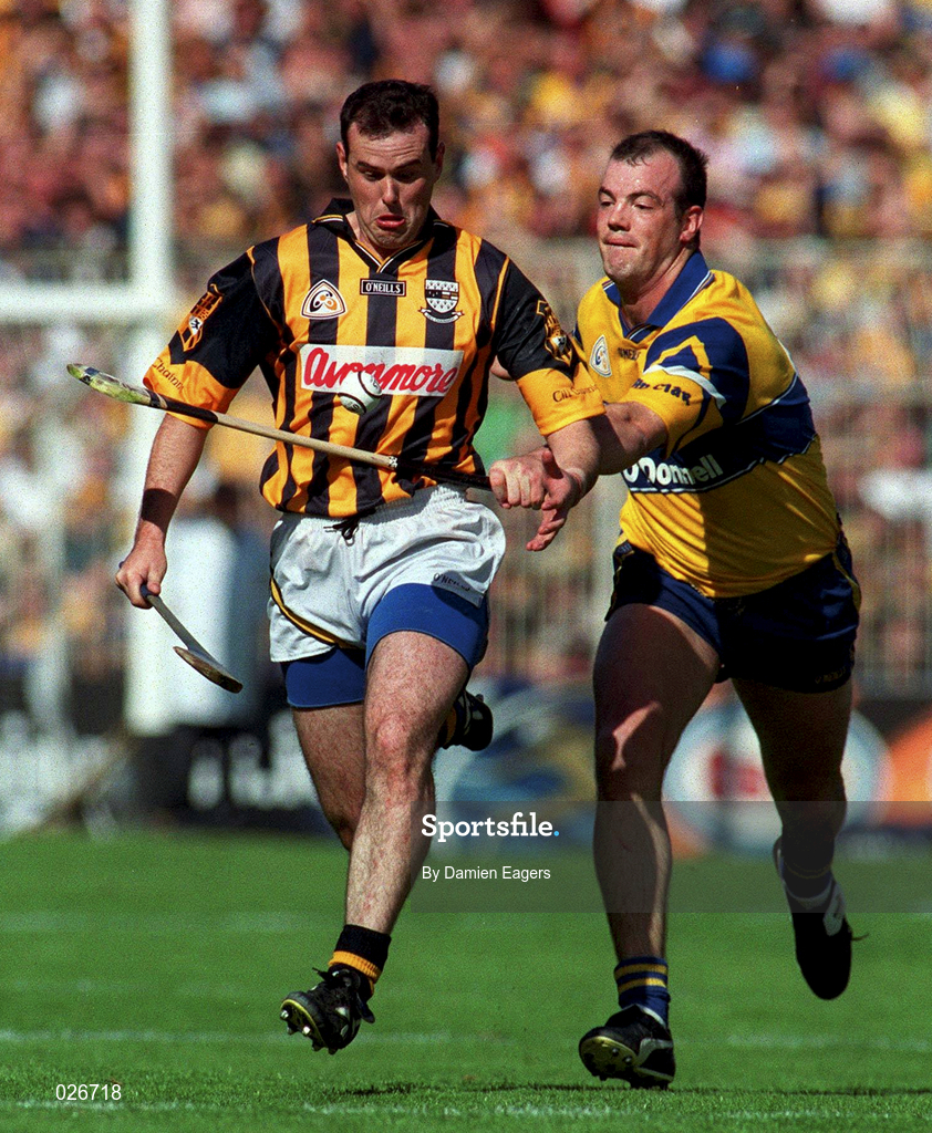 15 August 1999; Brian McEvoy of Kilkenny in action against Oliie Baker of Clare during the Guinness All-Ireland Senior Hurling Championship Semi-Final match between Kilkenny and Clare at Croke Park in Dublin. Photo by Damien Eagers/Sportsfile