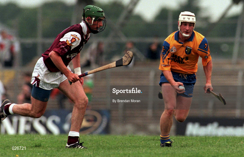 10 July 1999; Brian Mulry of Roscommon in action against Fergus Flynn of Galway during the Guinness Connacht Senior Hurling Championship Final match between Galway and Roscommon at Dr. Hyde Park in Roscommon. Photo by Brendan Moran/Sportsfile