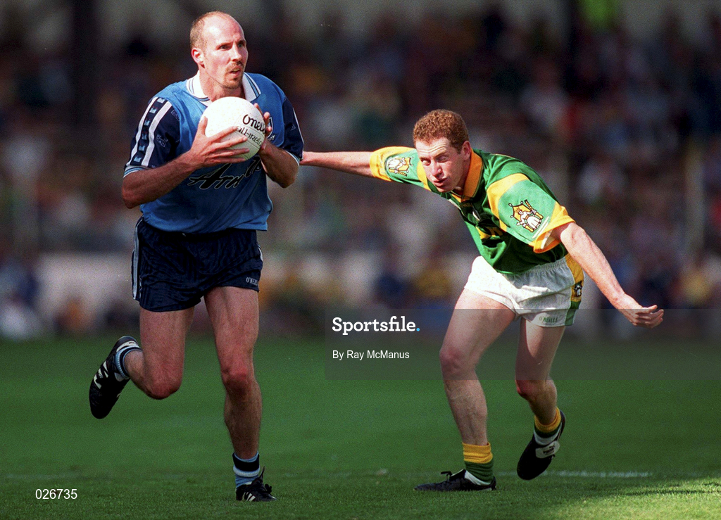 1 August 1999; Brian Stynes of Dublin in action against Donal Curtis of Meath during the Bank of Ireland Leinster Senior Football Championship Final match between Dublin and Meath at Croke Park in Dublin. Photo by Ray McManusSportsfile