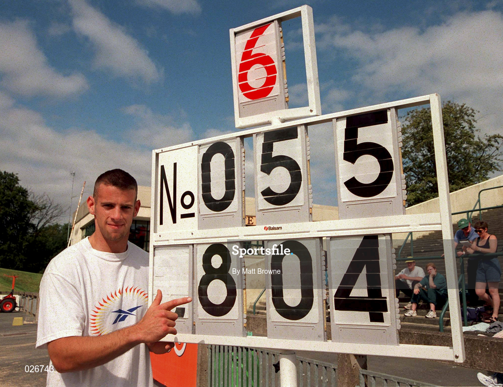 25 July 1999; Ciaran McDonagh of Fr. Murphy A.C. points to his winning distance after competing in the long jump during the TNT Irish National Senior Track & Field Championships - Day 2 at Morton Stadium in Santry, Dublin. Photo by Matt Browne/Sportsfile