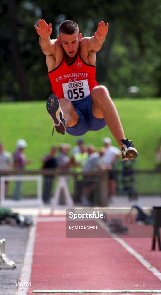 25 July 1999; Ciaran McDonagh competing in the men's long jump during the TNT Irish National Senior Track & Field Championships - Day 2 at Morton Stadium in Santry, Dublin. Photo by Matt Browne/Sportsfile