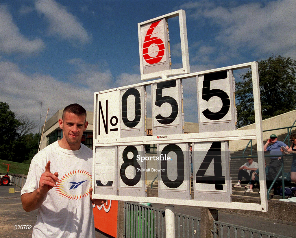 25 July 1999; Ciaran McDonagh of Fr. Murphy A.C. points to his winning distance after competing in the long jump during the TNT Irish National Senior Track & Field Championships - Day 2 at Morton Stadium in Santry, Dublin. Photo by Matt Browne/Sportsfile