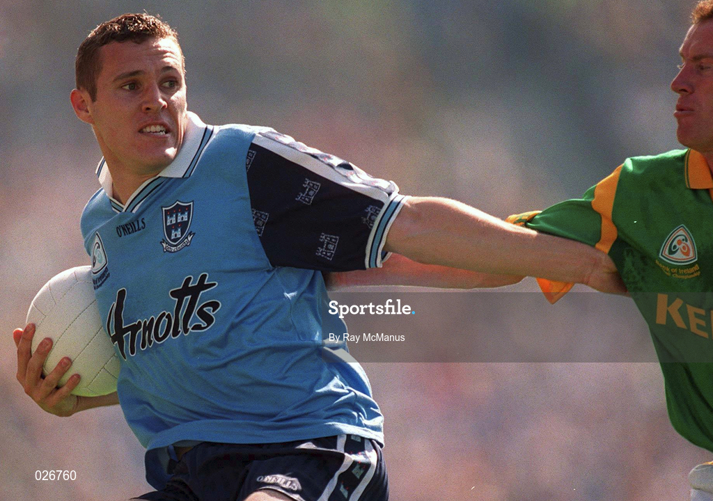 1 August 1999; Ciaran Whelan of Dublin in action against Donal Curtis of Meath during the Bank of Ireland Leinster Senior Football Championship Final match between Dublin and Meath at Croke Park in Dublin. Photo by Ray McManusSportsfile