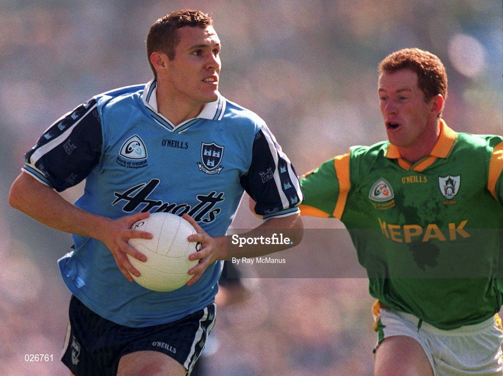 1 August 1999; Ciaran Whelan of Dublin in action against Donal Curtis of Meath during the Bank of Ireland Leinster Senior Football Championship Final match between Dublin and Meath at Croke Park in Dublin. Photo by Ray McManusSportsfile