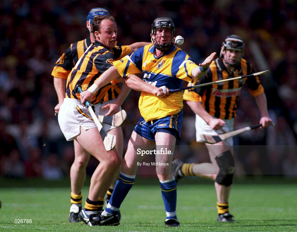 15 August 1999; Conor Clancy of Clare in action against Andy Comerford of Kilkenny during the Guinness All-Ireland Senior Hurling Championship Semi-Final match between Kilkenny and Clare at Croke Park in Dublin. Photo by Ray McManus/Sportsfile