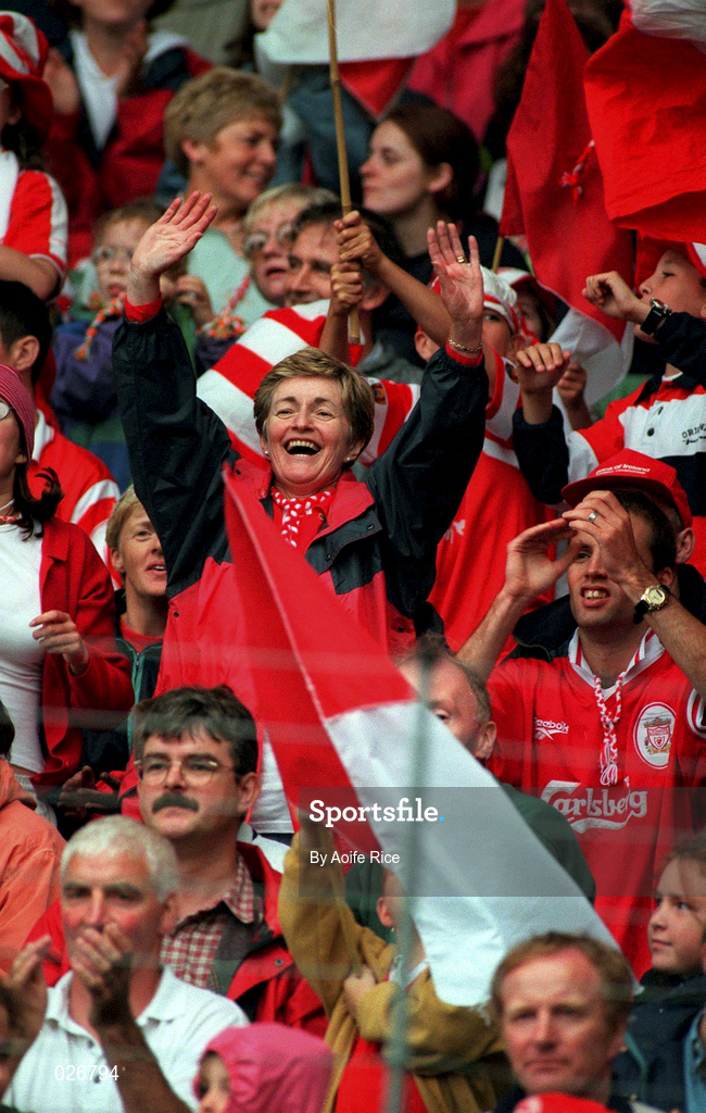 8 August 1999; Cork supporter Margaret O'Neill celebrating during the Guinness All-Ireland Hurling Senior Championship Semi-Final match between Cork and Offaly at Croke Park in Dublin. Photo by Aoife Rice/Sportsfile