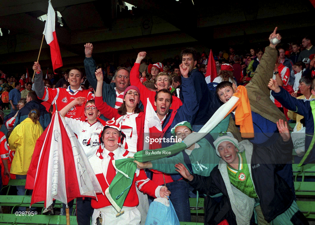 8 August 1999; Cork fans celebrate after the Guinness All-Ireland Hurling Senior Championship Semi-Final match between Cork and Offaly at Croke Park in Dublin. Photo by Aoife Rice/Sportsfile