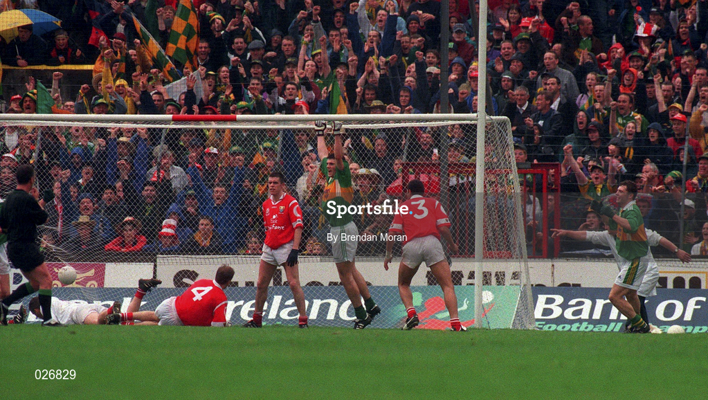 18 July 1999; Aodan MacGearailt of Kerry celebrates scoring his sides first goal during the Bank of Ireland Munster GAA Football Championship Final match between Cork and Kerry at Páirc Uí Chaoimh in Cork. Photo by Brendan Moran/Sportsfile