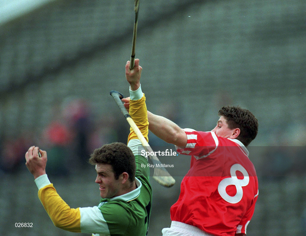 9 April 1995; Kevin Martin of Offaly in action against Fergal McCormack of Cork, during the Church & General National Hurling League Quarter Final match between Offaly and Cork at Semple Stadium in Thurles, Tipperary. Photo by Ray McManus/Sportsfile