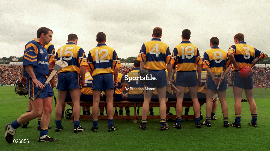 12 June 1999; Davy Fitzgerald joins his team-mates for the team picture ahead of the Munster Senior Hurling Championship Semi final Replay match between Clare v Tipperary at Páirc Uí Chaoimh in Cork. Photo by Brendan Moran/Sportsfile