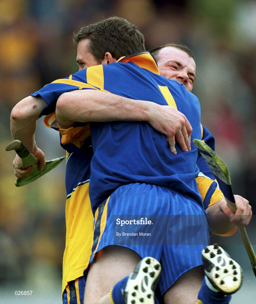 12 June 1999; Davy Fitzgerald celebrates with team-mate Ollie Baker of Clare following the Munster Senior Hurling Championship Semi final Replay match between Clare v Tipperary at Páirc Uí Chaoimh in Cork. Photo by Brendan Moran/Sportsfile