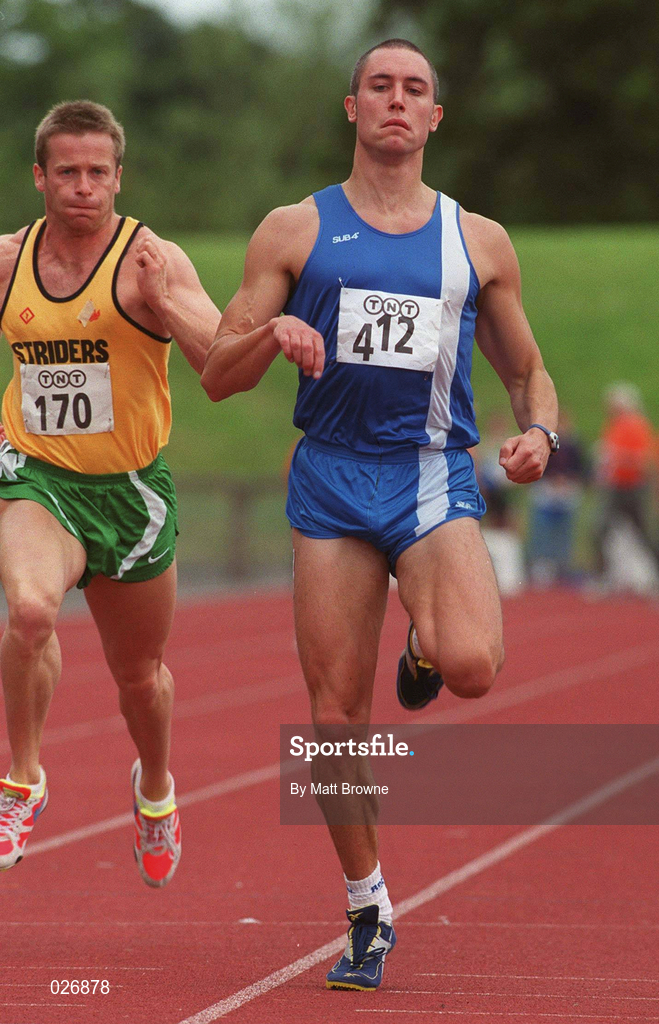 25 July 1999; David Power competing in the men's 100m during the TNT Irish National Senior Track & Field Championships - Day 2 at Morton Stadium in Santry, Dublin. Photo by Matt Browne/Sportsfile