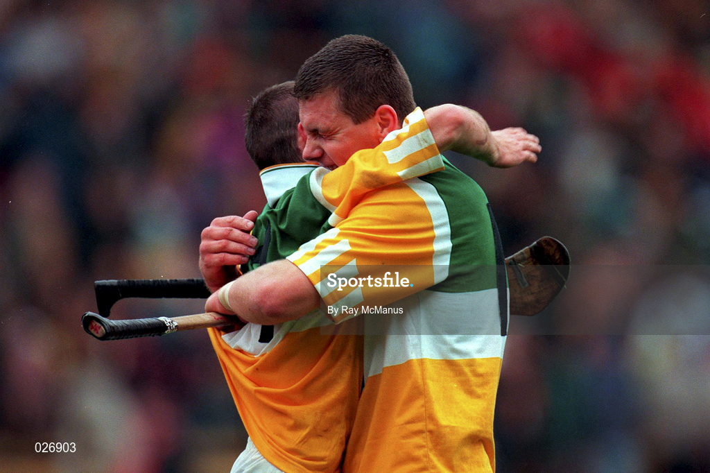 8 August 1999; Diarmuid O'Sullivan, Cork, right and teammate Sean McGrath, wearing their opponents jersey, celebrate victory at the final whistle during the GAA Hurling All-Ireland Senior Championship Semi-Final match between Cork and Offaly at Croke Park in Dublin. Photo by Ray McManus/Sportsfile