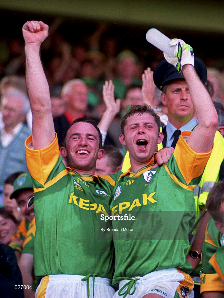1 August 1999; Evan Kelly, left, and Cormac Murphy of Meath celebrate their teams victory following the Bank of Ireland Leinster Senior Football Championship Final match between Dublin and Meath at Croke Park in Dublin. Photo by Brendan Moran/Sportsfile
