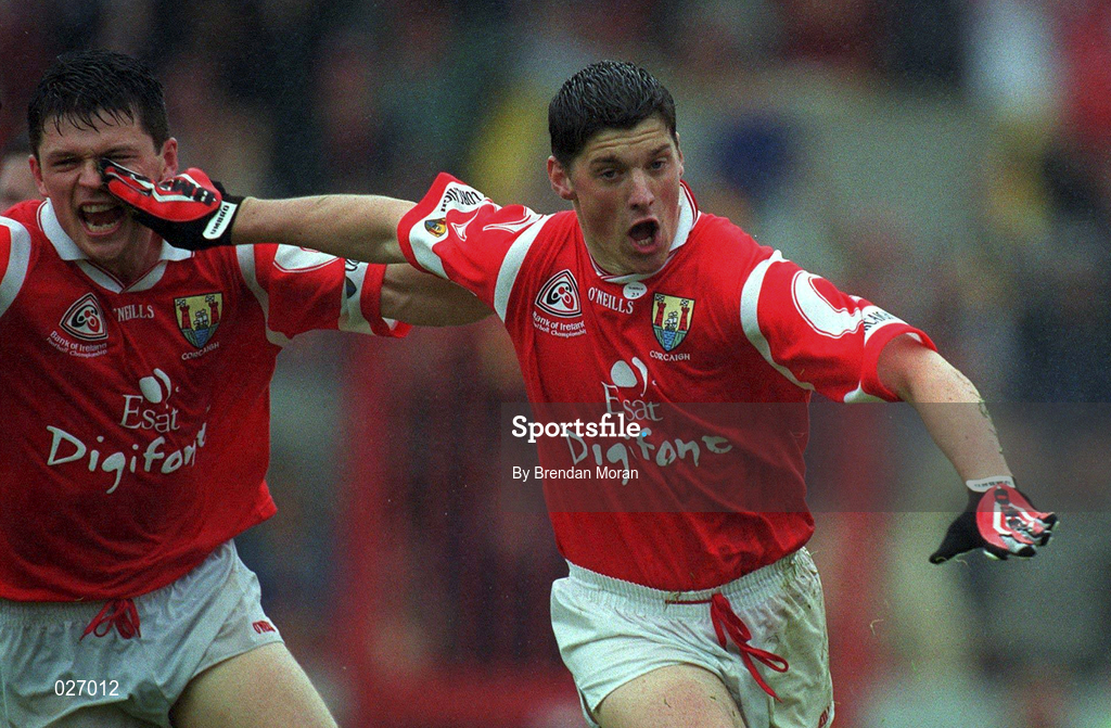 18 July 1999; Fionán Murray of Cork celebrates after scoring his side's second goal against Kerry with team-mate Mark O'Sullivan during the Bank of Ireland Munster GAA Football Championship Final match between Cork and Kerry at Páirc Uí Chaoimh in Cork. Photo by Brendan Moran/Sportsfile