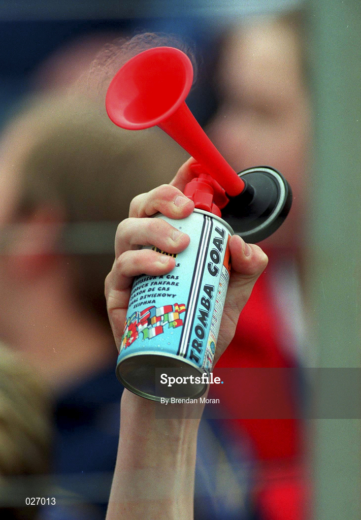 12 June 1999; A supporters foghorn during the Munster Senior Hurling Championship Semi final Replay match between Clare v Tipperary at Páirc Uí Chaoimh in Cork. Photo by Brendan Moran/Sportsfile