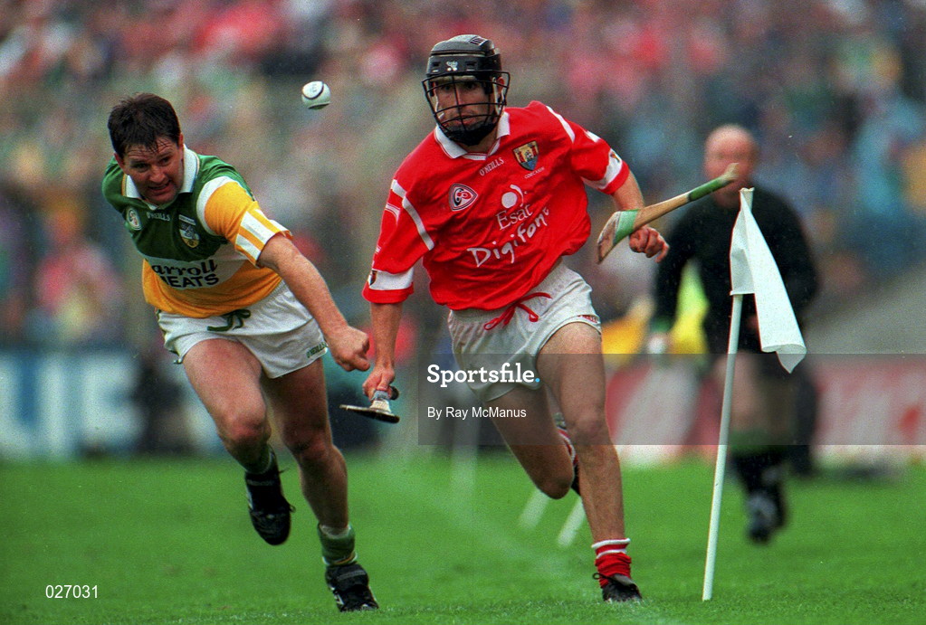 8 August 1999; Martin Hanamy of Offaly in action against  Ben O'Connor of Cork during the Guinness All-Ireland Hurling Senior Championship Semi-Final match between Cork and Offaly at Croke Park in Dublin. Photo by Ray McManus/Sportsfile