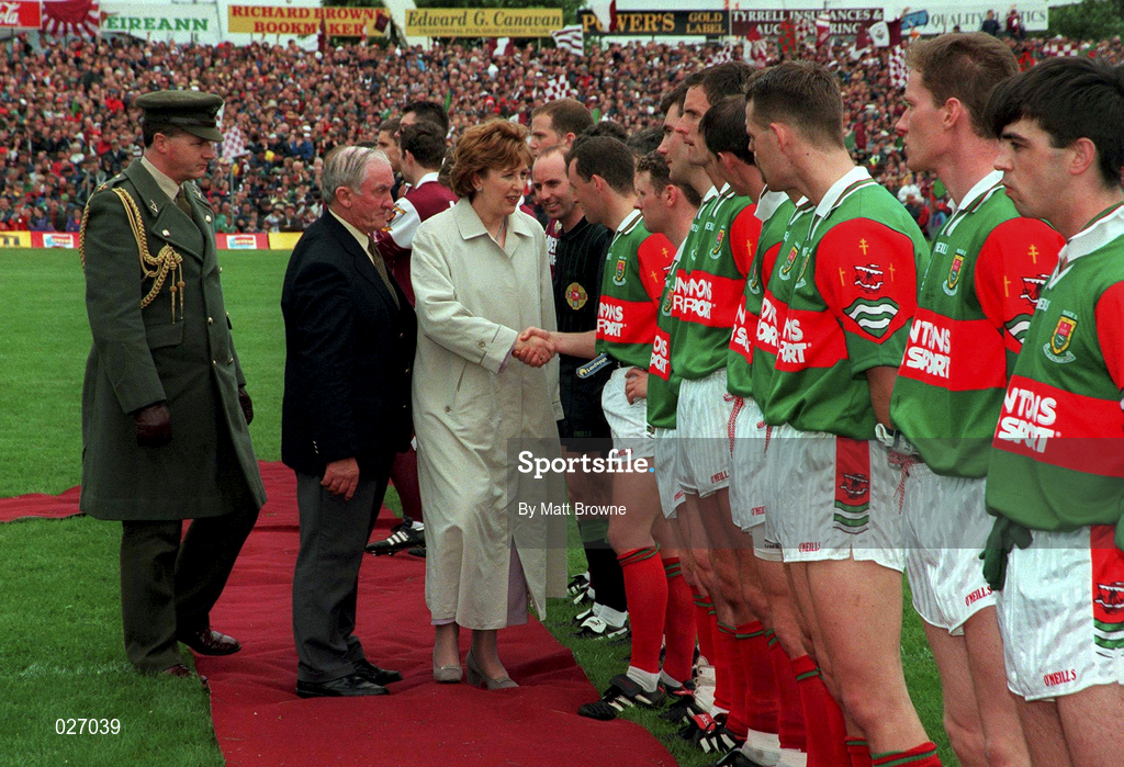 18 July 1999; President Mary McAleese meets the teams ahead of the Guinness Connacht Senior Football Championship Final Replay between Mayo and Galway at Tuam Stadium in Galway. Photo by Matt Browne/Sportsfile