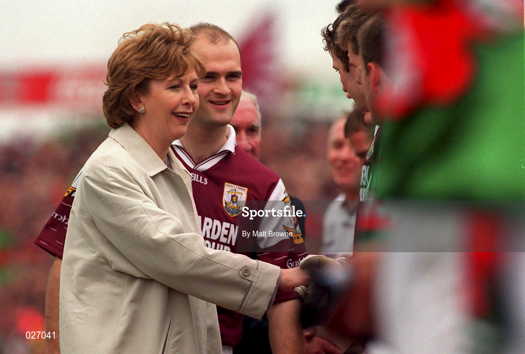 18 July 1999; President Mary McAleese meets the teams ahead of the Guinness Connacht Senior Football Championship Final Replay between Mayo and Galway at Tuam Stadium in Galway. Photo by Matt Browne/Sportsfile