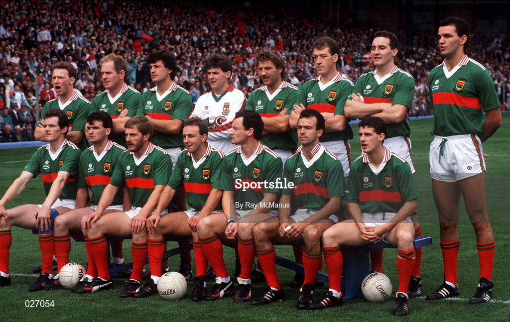 17 September 1989; Mayo team, back, from left, Miachel Fitzmaurice, Jimmy Burke, Peter Forde, Garbiel irwin, Willie Joe Padden, T. J. Kilgallon, Sean Maher and Liam MacHale, with, front, from left, Greg Maher, Noel Durkin, Michael Collins, Jimmy Browne, Dermot Flanagan, John Finn and Kevin McStay before the All-Ireland Senior Football Championship Final between Cork and Mayo at Croke Park in Dublin. Photo Ray McManus/Sportsfile
