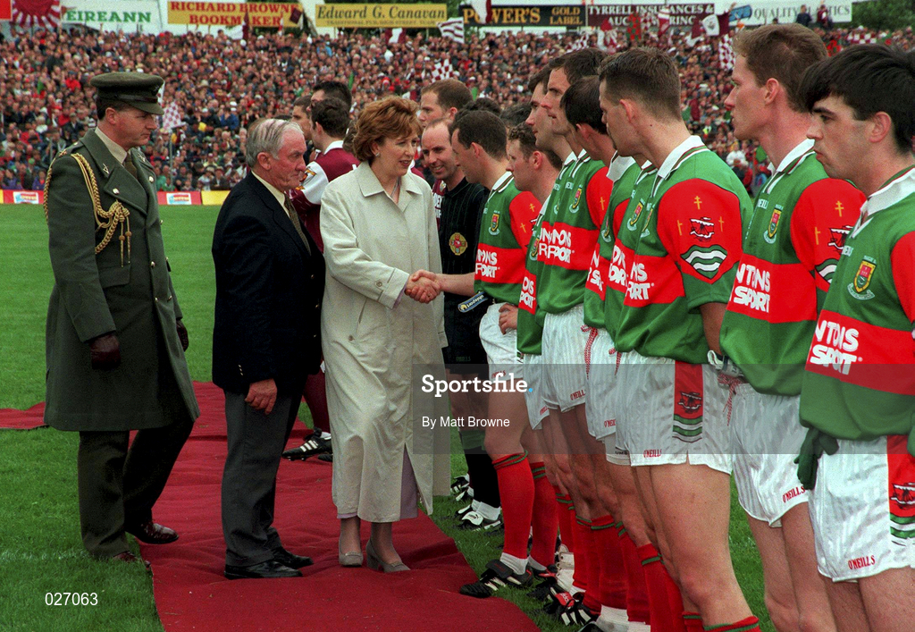 18 July 1999; President Mary McAleese meets the Mayo Captain Kenneth Mortimer and team ahead of the Guinness Connacht Senior Football Championship Final Replay between Mayo and Galway at Tuam Stadium in Galway. Photo by Matt Browne/Sportsfile