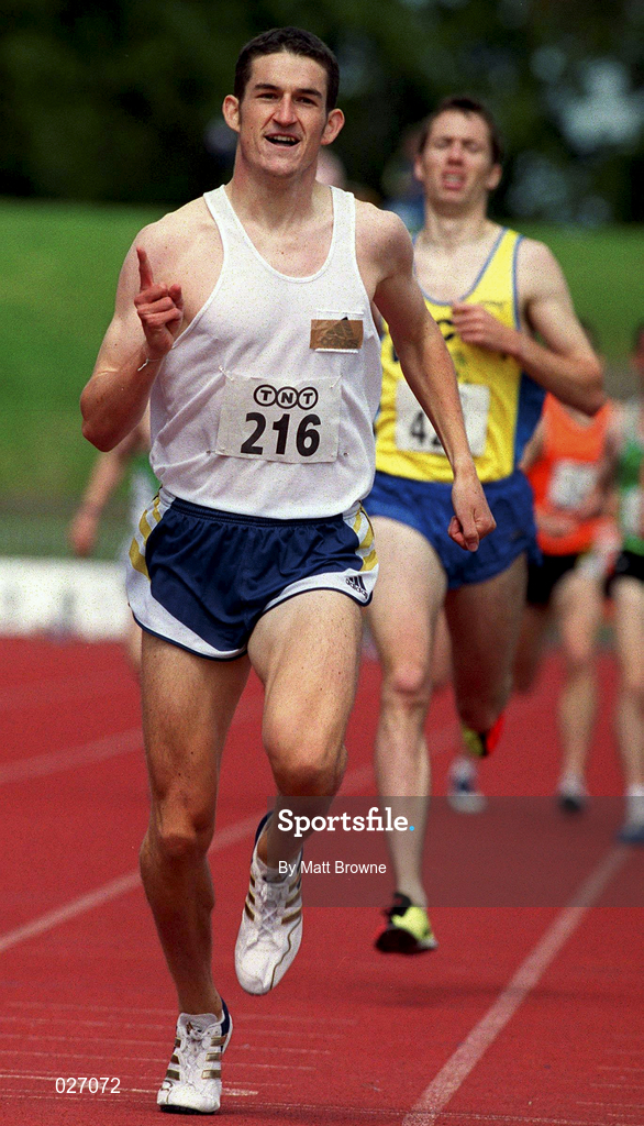 25 July 1999; Gareth Turnbull celebrates winning the men's 800m from second place man David Matthews during the TNT Irish National Senior Track & Field Championships - Day 2 at Morton Stadium in Santry, Dublin. Photo by Matt Browne/Sportsfile