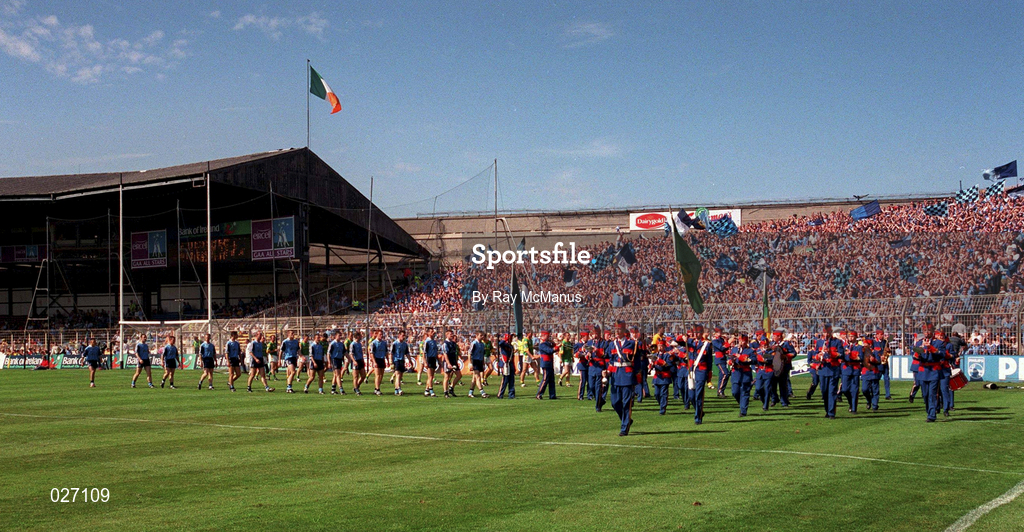 1 August 1999; The Artane Boys Band lead the Dublin and Meath teams during the parade ahead of the Bank of Ireland Leinster Senior Football Championship Final match between Dublin and Meath at Croke Park in Dublin. Photo by Ray McManus/Sportsfile