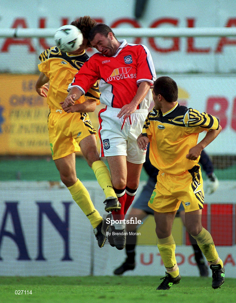 14 July 1999; Ian Gilzean of St Patricks Athletic in action against Valeriu Catinsus, left, and Kostyantyn Kulyk of FSC Zimbru during the UEFA Champions League Qualifying match between St Patricks Athletic and FSC Zimbru at Richmond Park in Dublin. Photo by Brendan Moran/Sportsfile