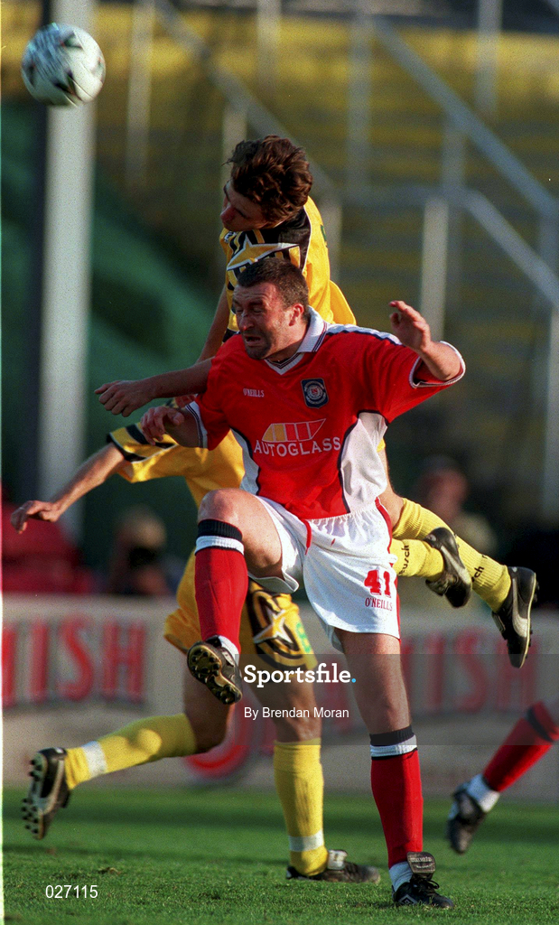 14 July 1999; Ian Gilzean of St Patricks Athletic in action against Valeriu Catinsus of FSC Zimbru during the UEFA Champions League Qualifying match between St Patricks Athletic and FSC Zimbru at Richmond Park in Dublin. Photo by Brendan Moran/Sportsfile