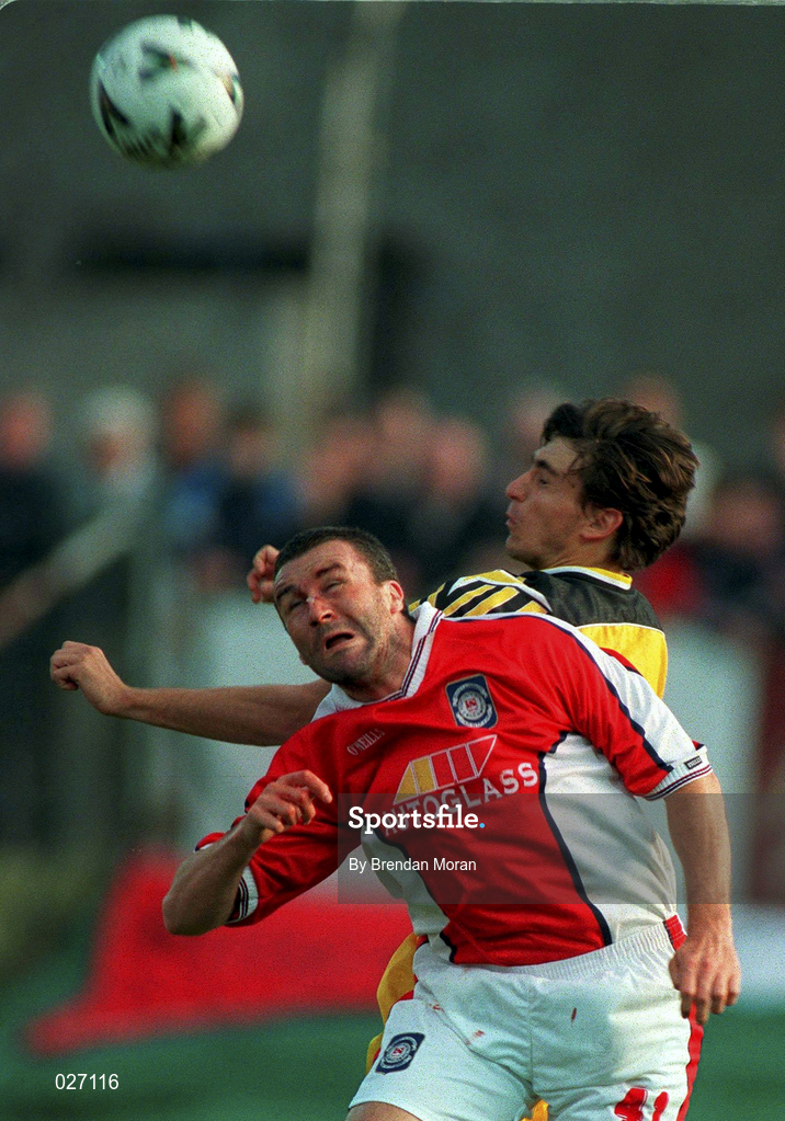 14 July 1999; Ian Gilzean of St Patricks Athletic in action against Valeriu Catinsus of FSC Zimbru during the UEFA Champions League Qualifying match between St Patricks Athletic and FSC Zimbru at Richmond Park in Dublin. Photo by Brendan Moran/Sportsfile